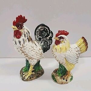 (2) Vtg Japan Ceramic Rooster & Hen Chicken Figurine Collectible